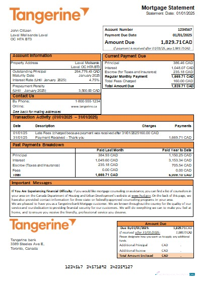 Download Canada Tangerine bank mortgage statement scr Photoshop template